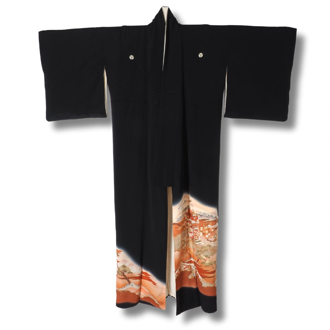 Vintage Kurotomesode Kimono schwarz mit Landschaftsmotiv in Rosé