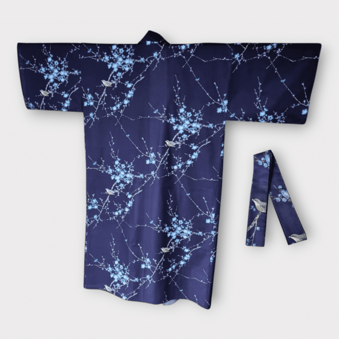 Plus Size Yukata Pflaumenblüte blau inkl. Obi