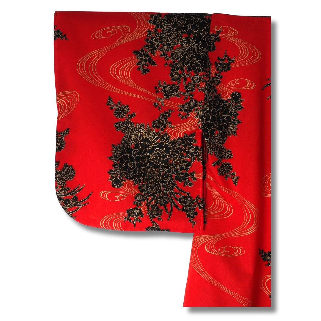 Damen Yukata rot mit schwarzen Blumen Damen Yukata rot mit schwarzen Blumen