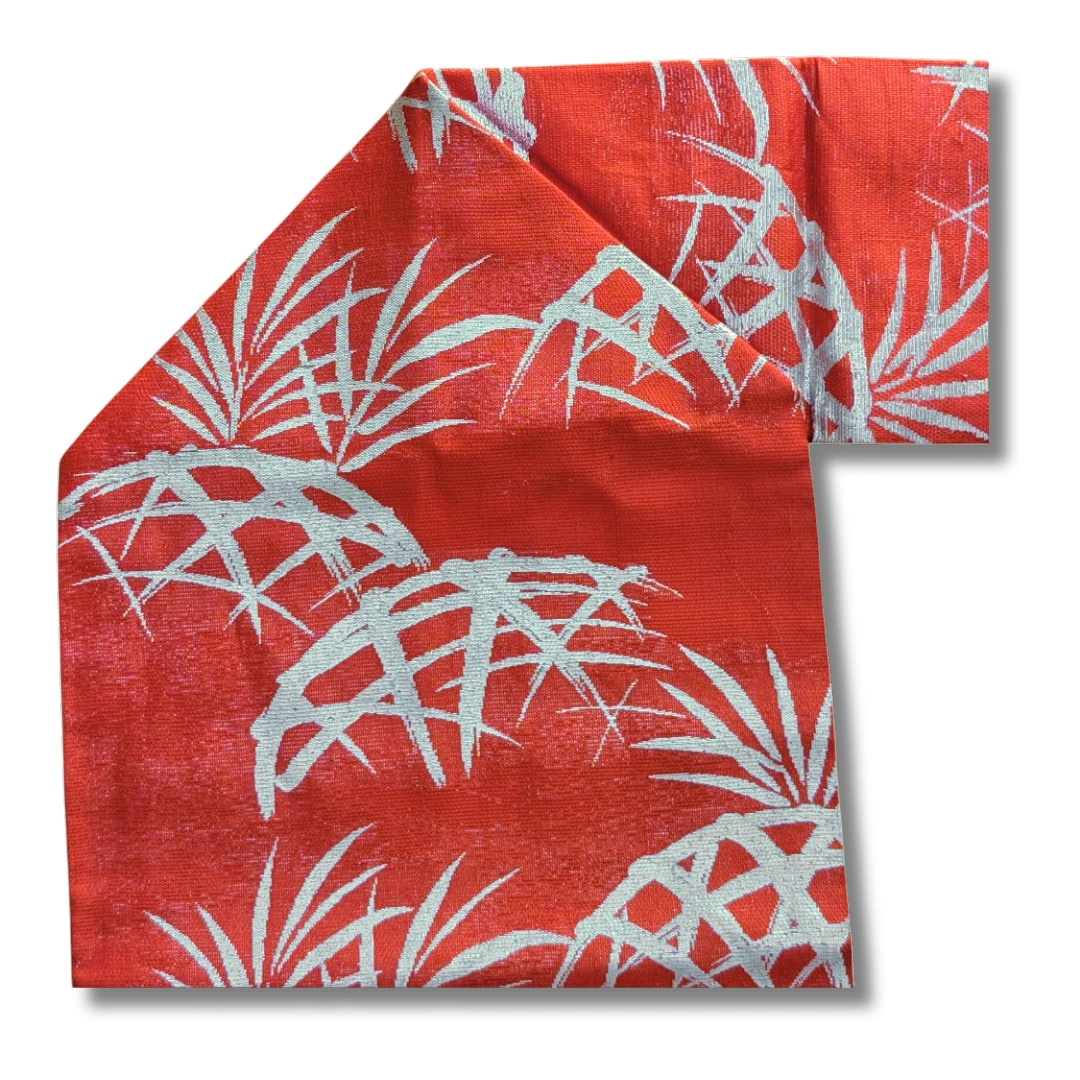 Vintage Nagoya Shitate Nagoya Obi Rot mit silbernem Bambusblatt-Muster