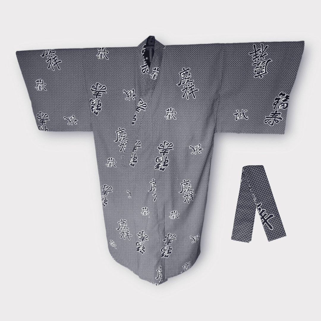 Plus Size Yukata Kanji blau weiß inkl. Obi