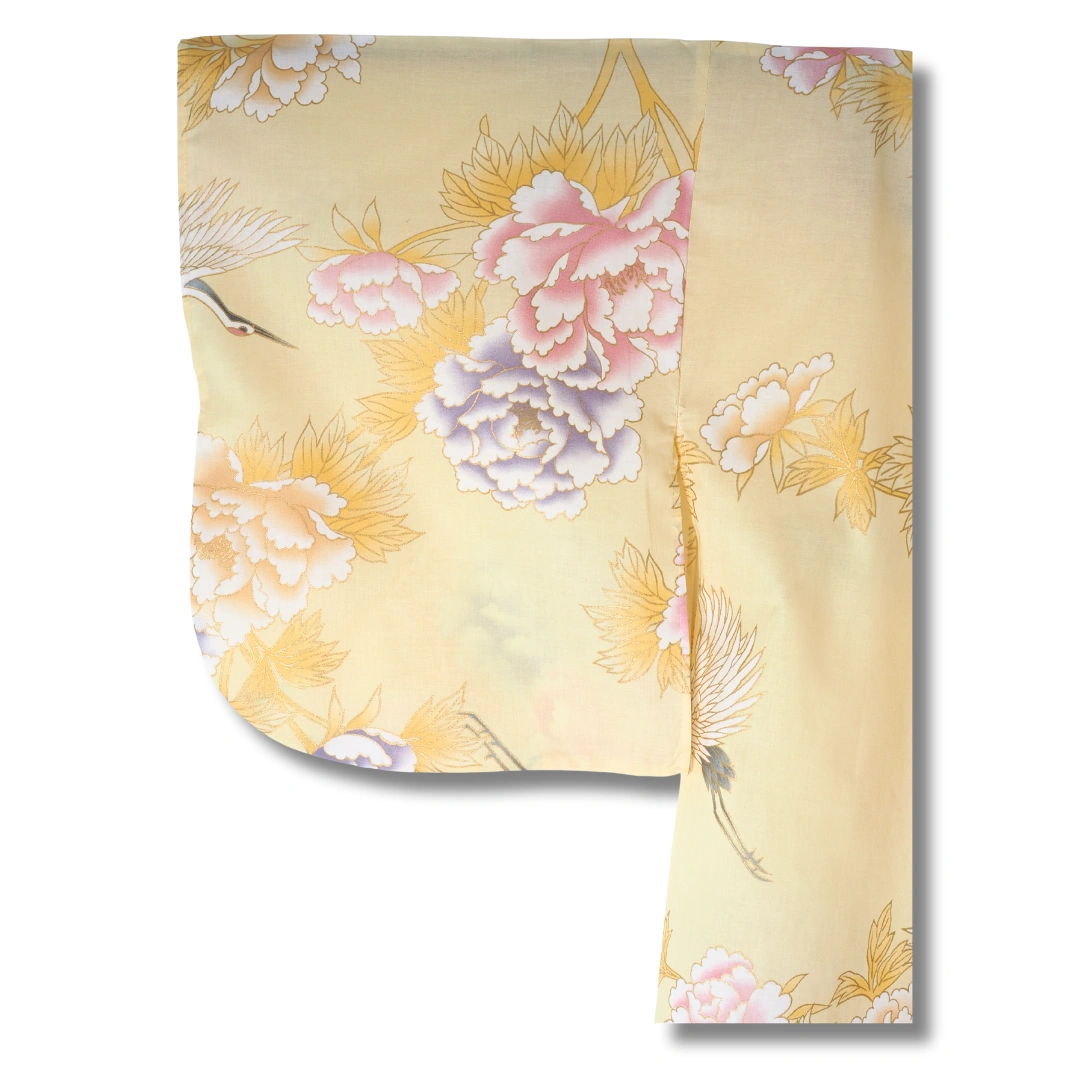 Damen Yukata gelb mit Blumen & Kranichen Damen Yukata gelb mit Blumen & Kranichen